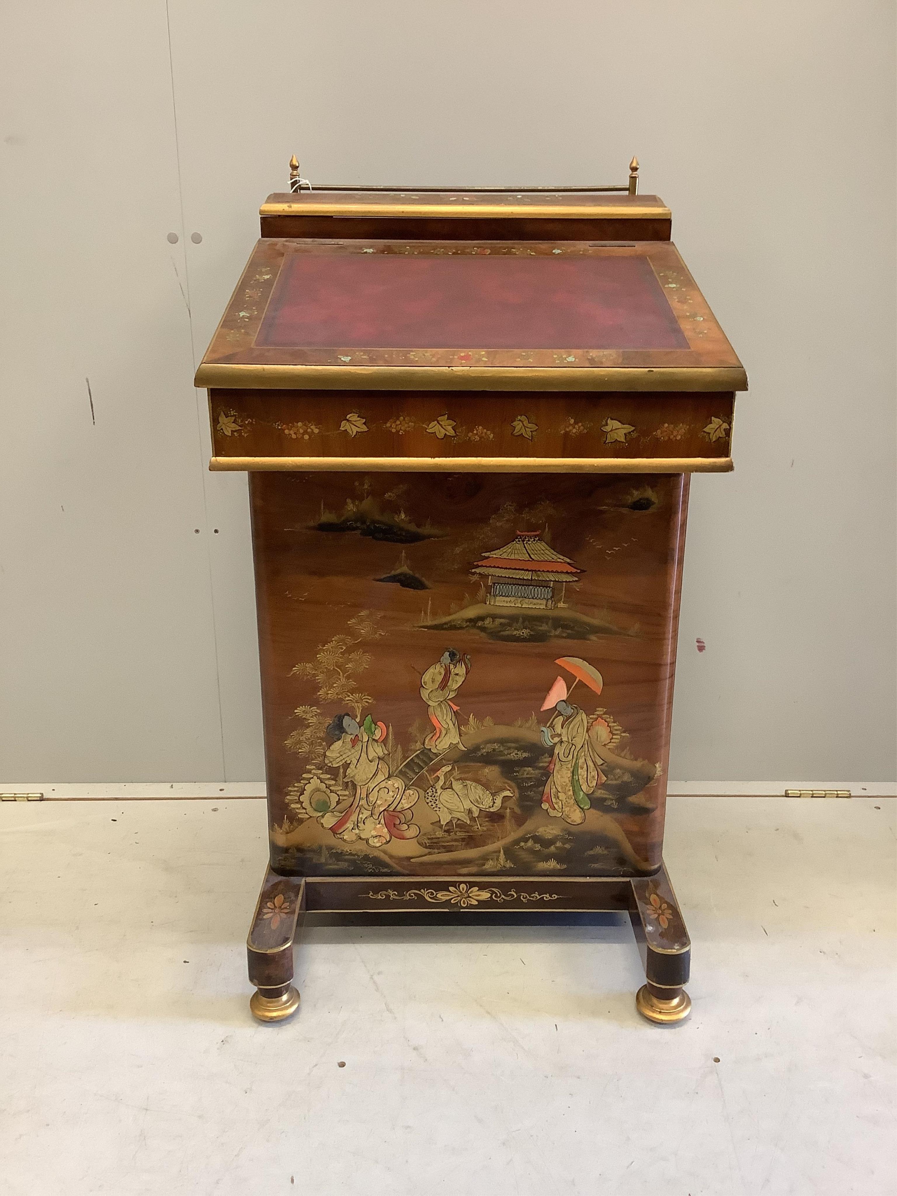 A reproduction chinoiserie lacquered Davenport, width 54cm, depth 52cm, height 98cm